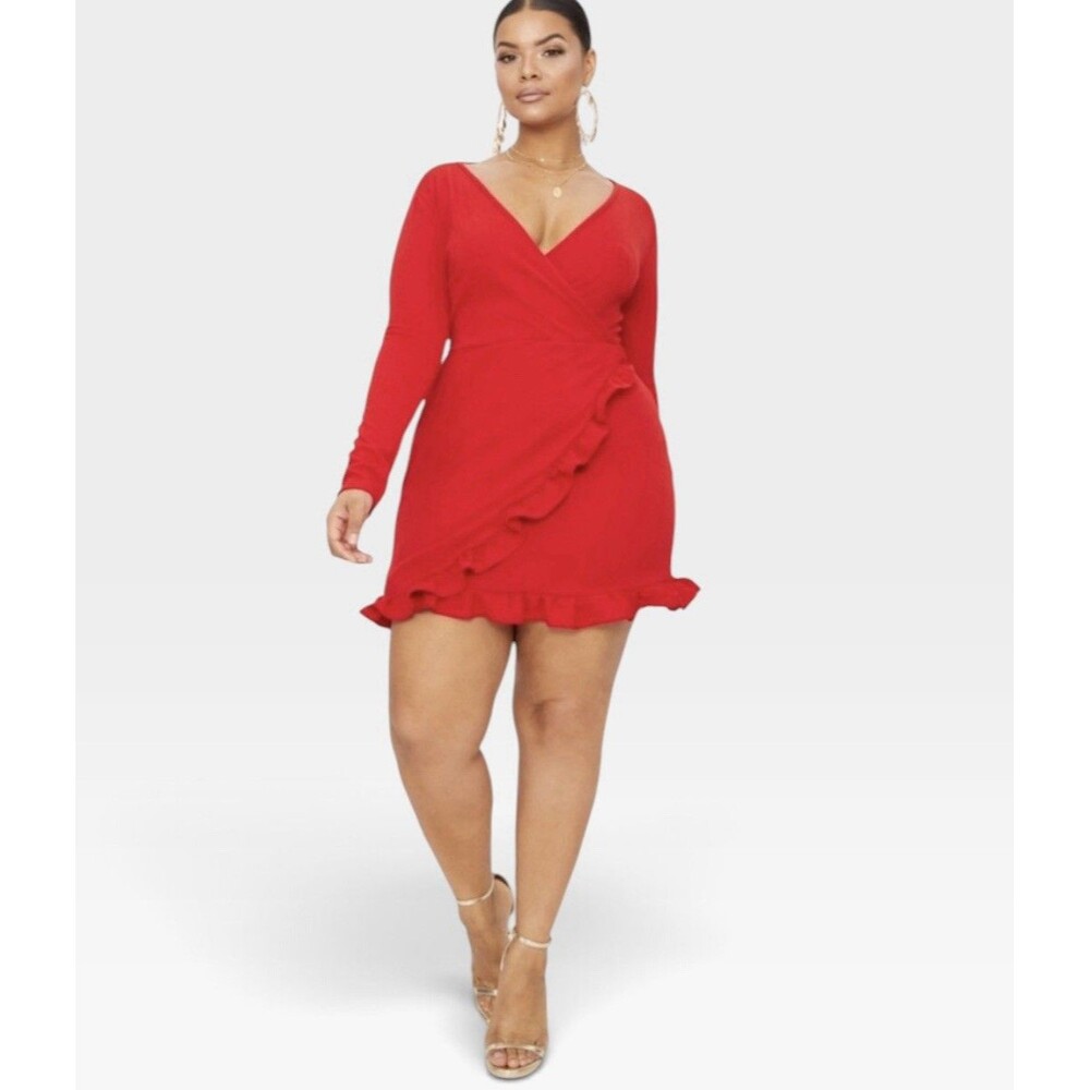 NWT Pretty Little Thing Red Ruffle Detail Wrap Dress Long Sleeve Women’s Size 20